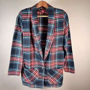 Vintage‎ Dress Tartain Plaid Wool Blazer Plunging Dinner Jacket Patch Pockets
